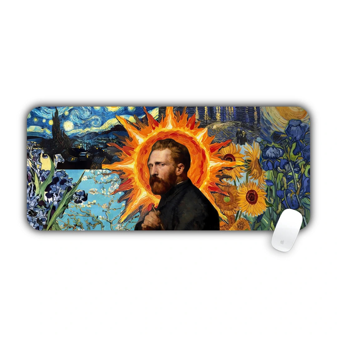 Artistic collage tribute featuring Vincent van Gogh with a radiant sun halo, Starry Night, and sunflowers desk pad 70x30