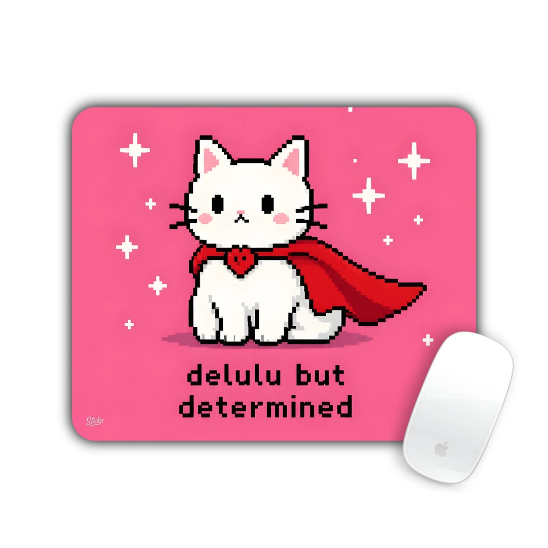 Pixel white cat in a red cape with the text delulu but determined mouse pad 23x19