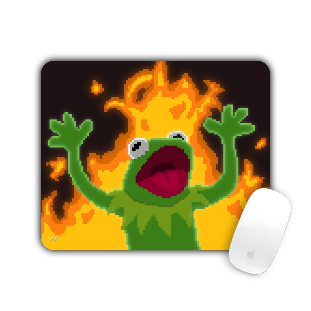 Pixel art green frog screaming with arms up in front of flames mouse pad 23x19