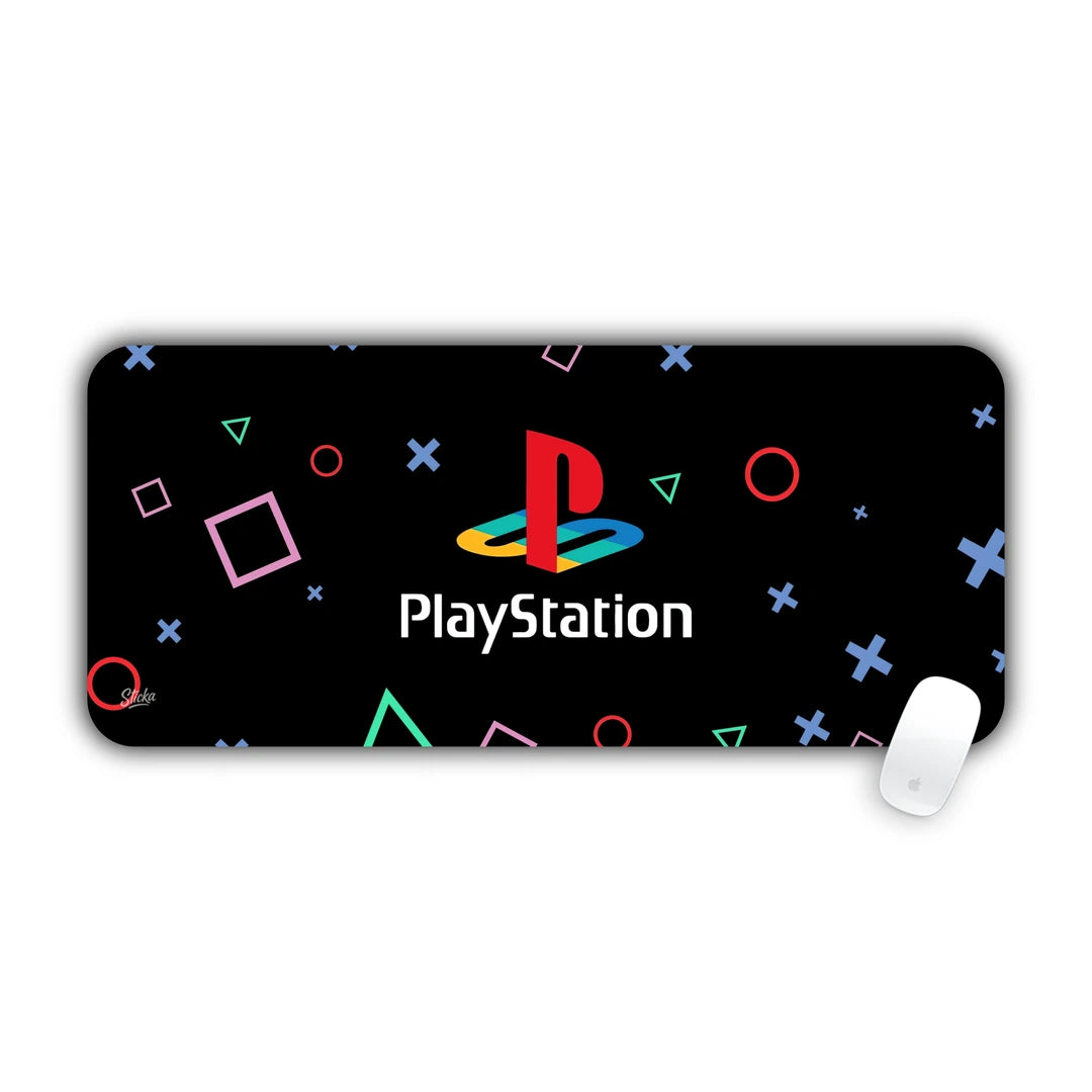 PlayStation logo with controller geometric symbols floating on black background desk pad 70x30