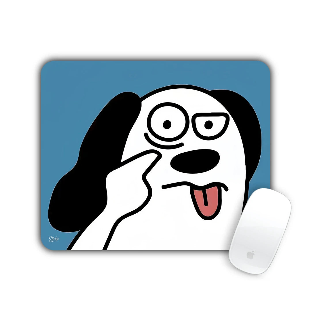 Black and white cartoon dog pointing at its head with tongue out mouse pad 23x19