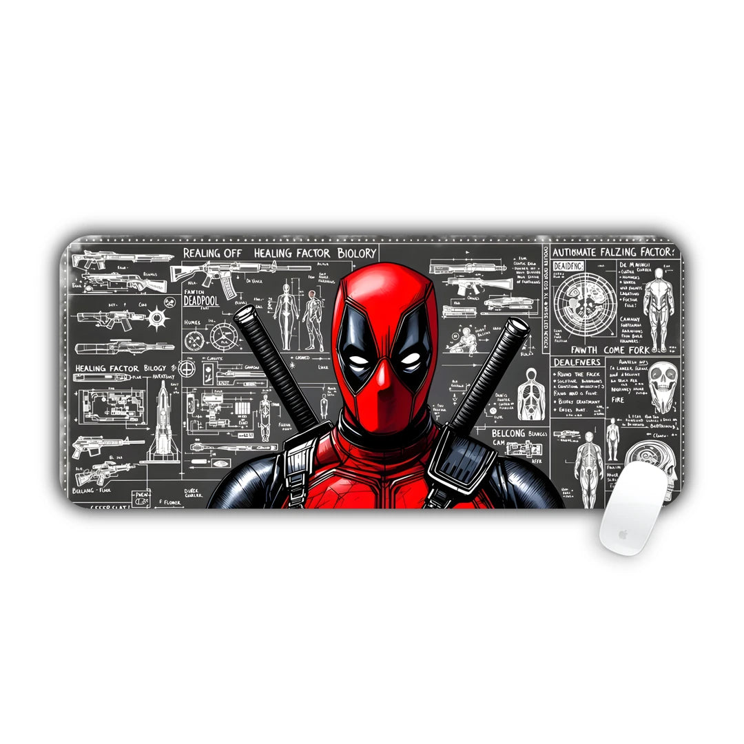 Deadpool superhero with dual katanas against tactical blueprint and weapons background desk pad 70x30