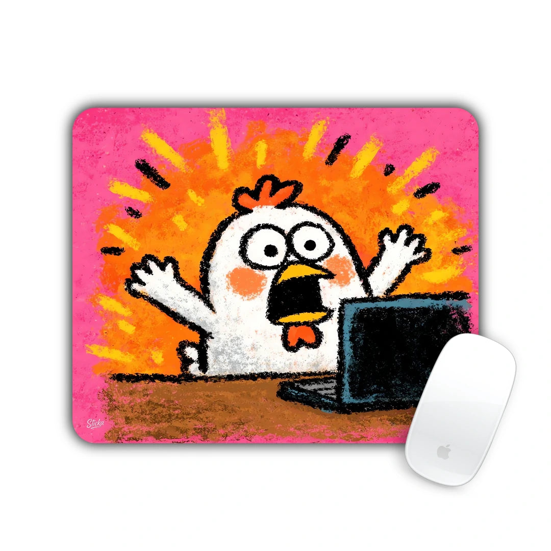 White chicken panicking with arms up behind a laptop mouse pad 23x19