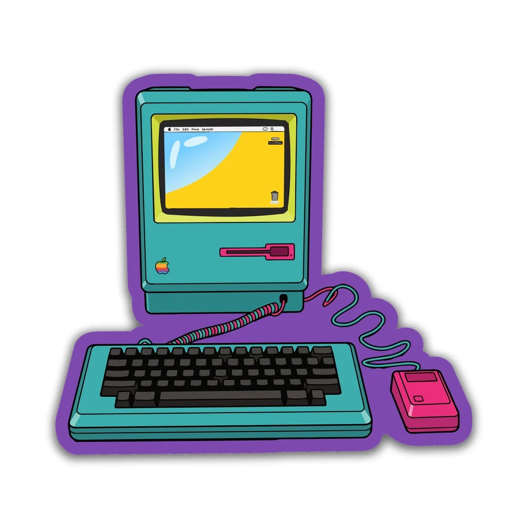 Vintage desktop computer with keyboard and mouse sticker