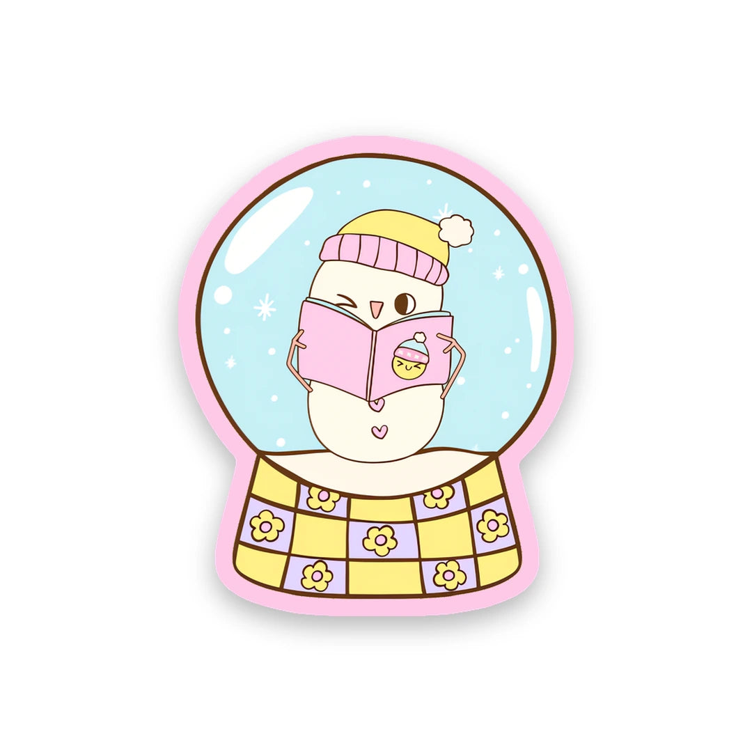 Cute pastel snow globe with a reading snowman inside sticker sticker