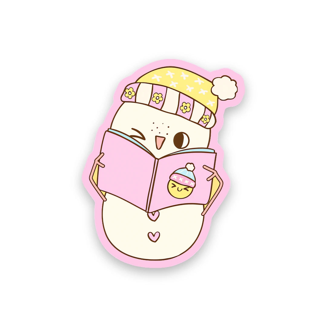 Cute pastel snowman wearing a beanie and reading a book sticker sticker