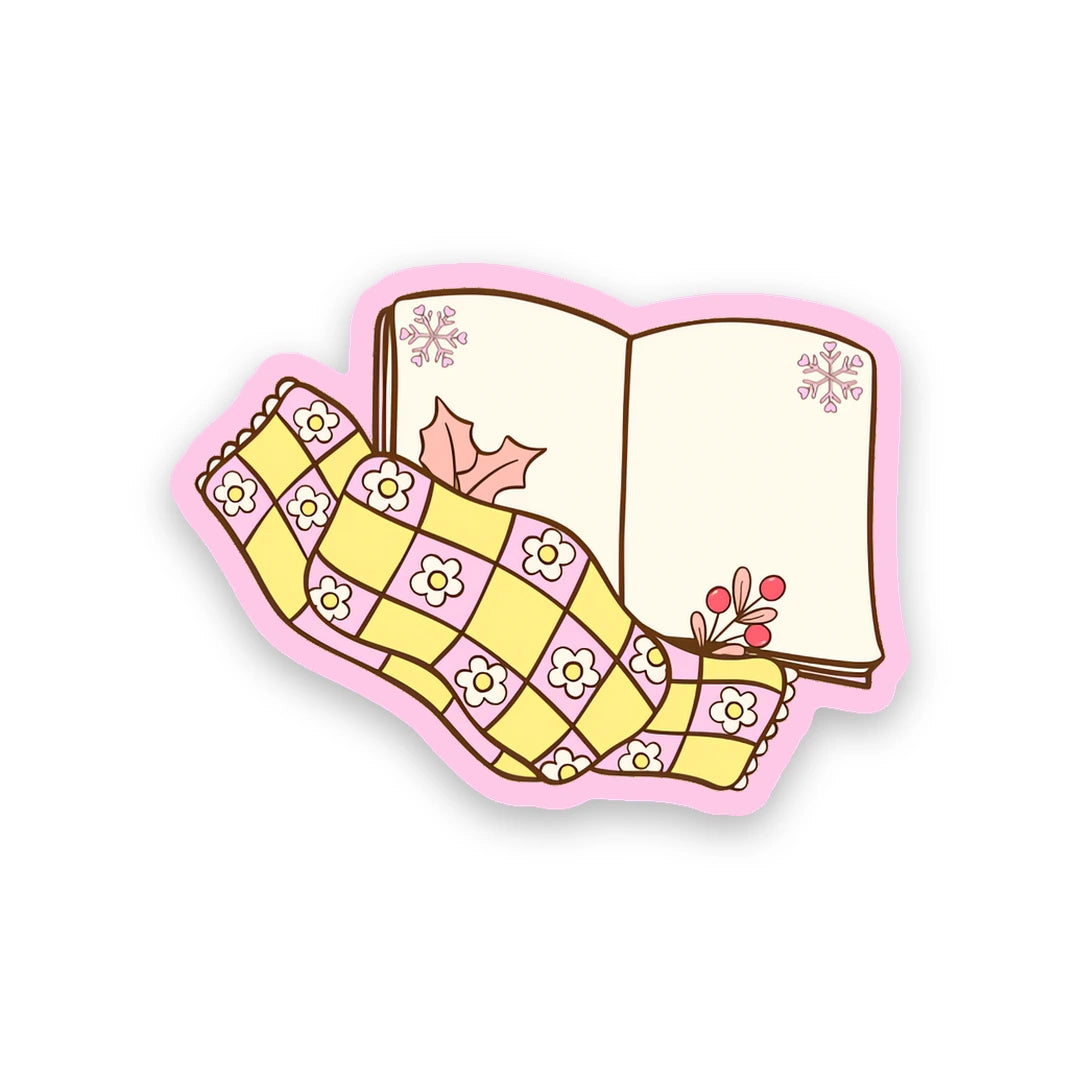 Open book wrapped in a cute checkered winter scarf sticker sticker