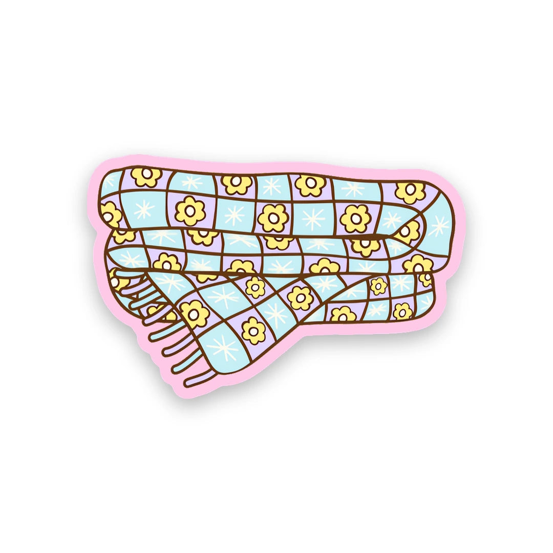 Cute blue and yellow floral checkered winter scarf sticker sticker